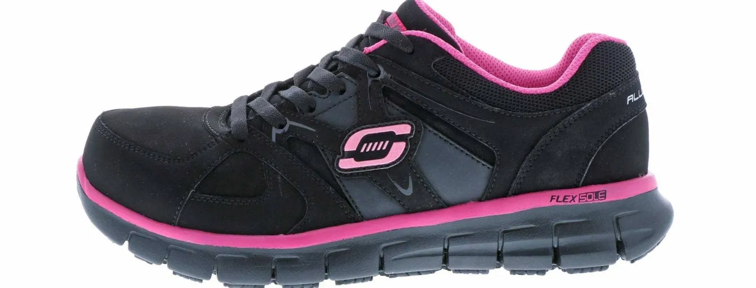 Safety Toe Athletics|SKECHERS Suede Synergy Sandlot Women's Alloy Toe Work Shoe Black