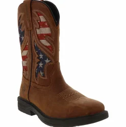 Slip Resistant|Safety Toe Boots|WOLVERINE Rancher American Flag Men’s Steel Toe Work Boot Brown